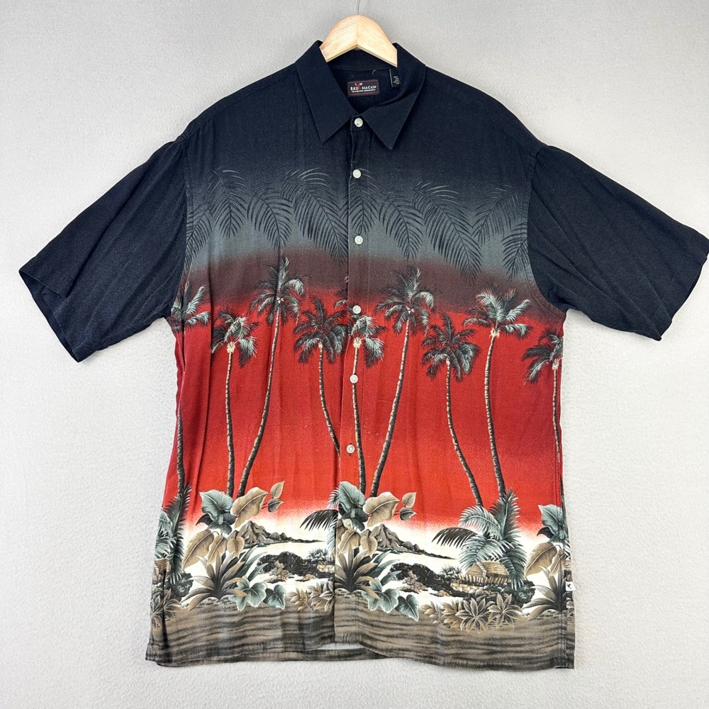 Vintage Red Macaw Rayon Camp Shirt Mens Large Black/Red Tropical Palm Tree Beach